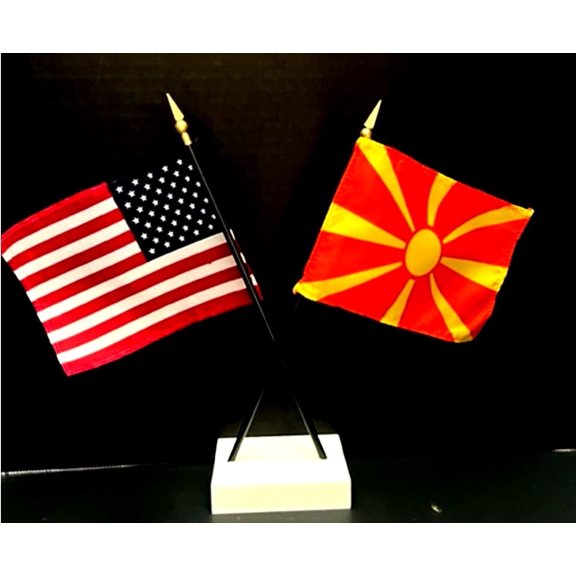 Macedonia Desk Flag Set; Contains One USA and One Country Flag with a White Crossed Base, American Made