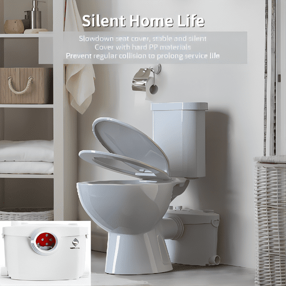 Macerating Toilet with 600Watt Macerator Pump, Upflush Toilet For Basement with Extension Pipe,Round Bowl,Toilet Tank and Macerator Pump with 4 Water Inltes for Kitchen Sink, Bathroom