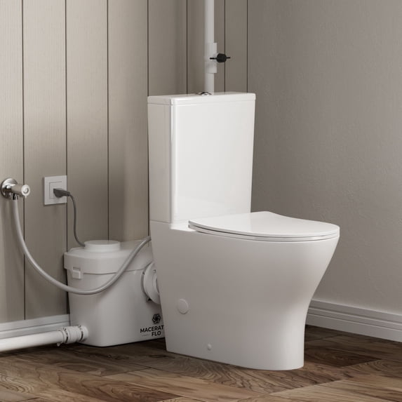 MaceratingFlo 18″ ADA Upflush Toilet for Basement with 600W Macerator, Dual-Flush and Soft-Close Seat, 3 Water Inlets for Sink and Shower, Includes Extra Pipes