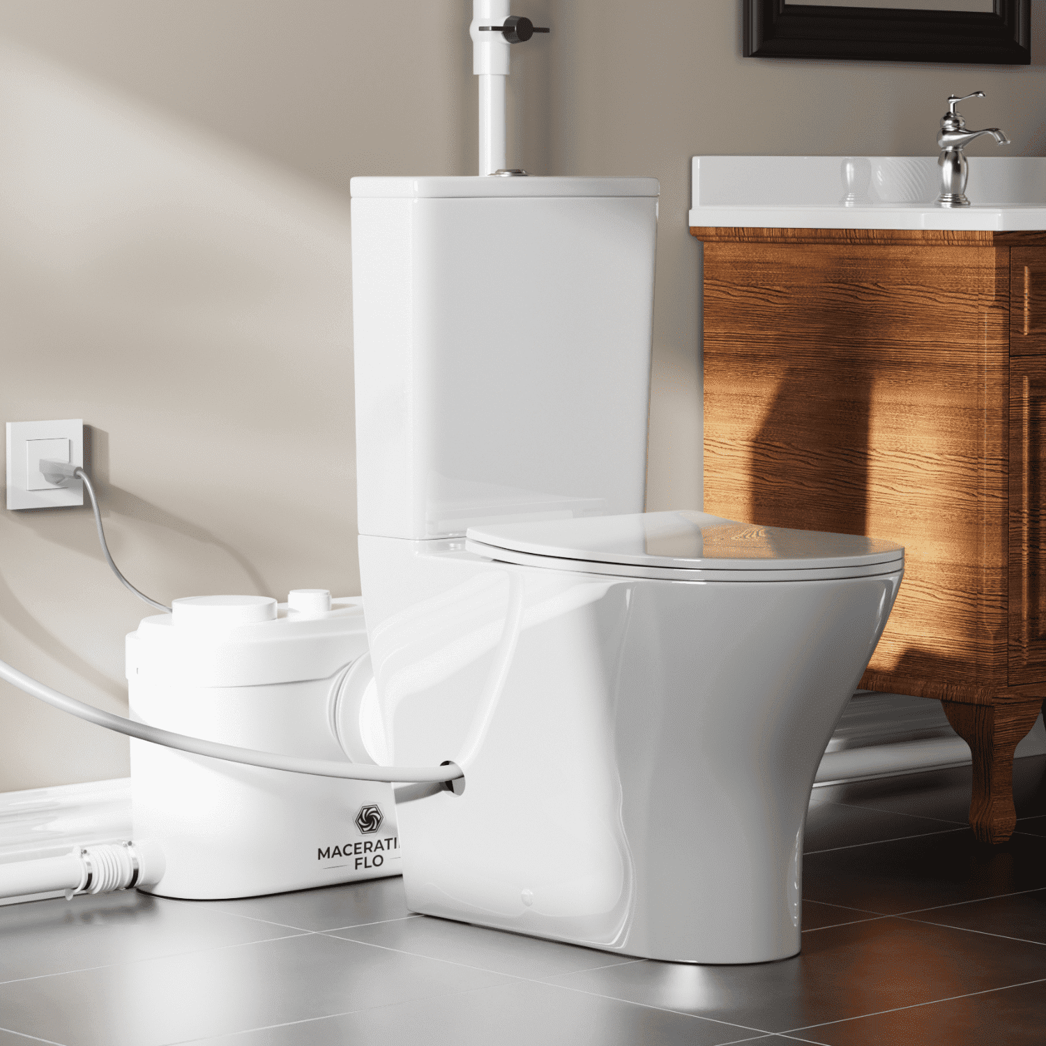 White Ceramic Two-Piece Elongated Macerating Toilet System