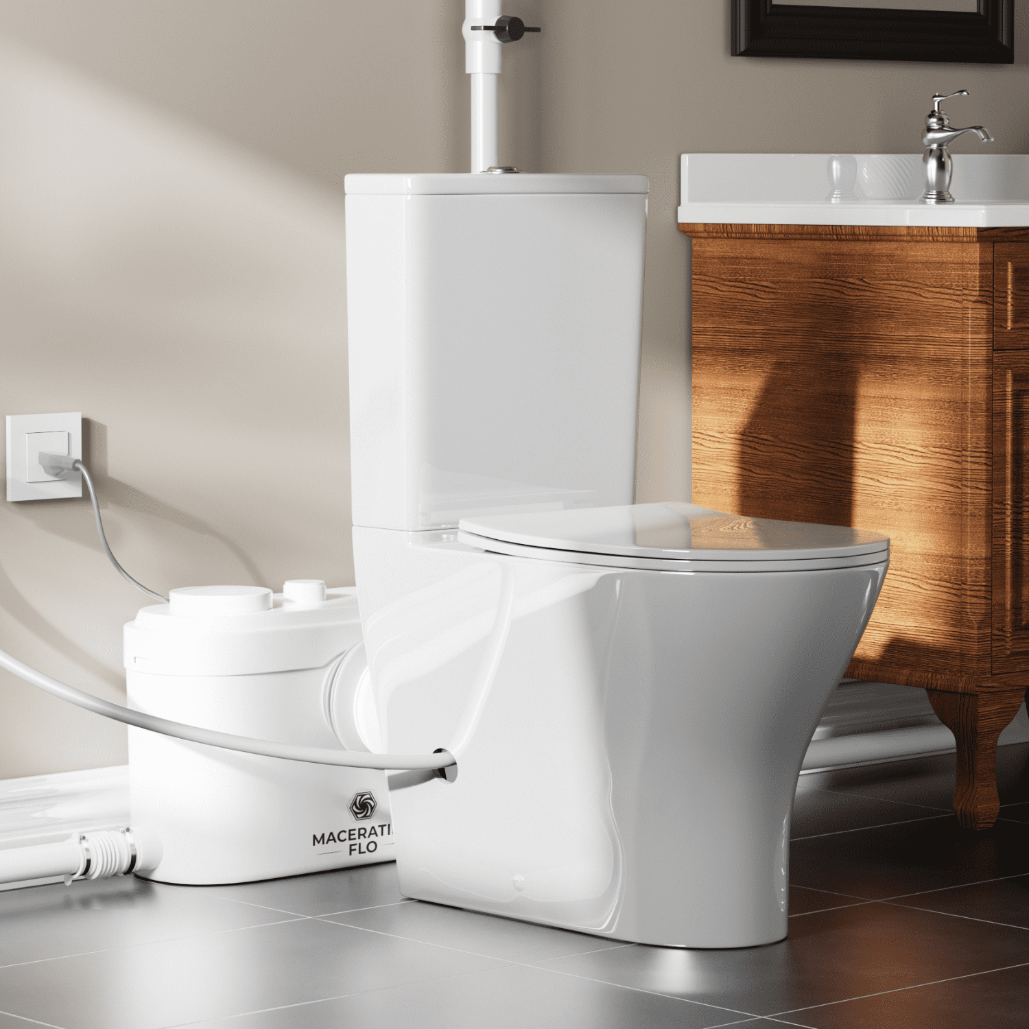 White Ceramic Two-Piece Elongated Macerating Toilet System