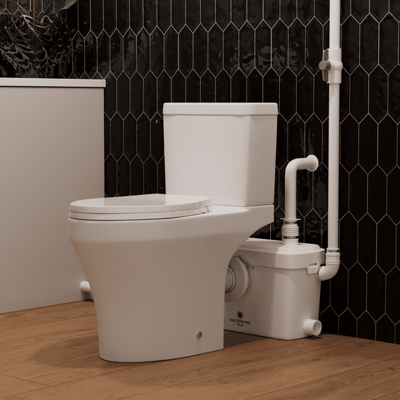 MaceratingFlo Macerating Toilet System with 600W Pump, 3 Water Inlets, 30Ft Vertically, 18" Chair Height, 1.28GPF Flush, Elongated Bowl, Two Extension Pipes Included