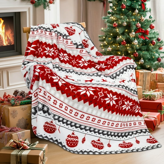 Macevia Christmas Throw Blanket for Couch, Holiday Christmas Reindeer Snowflakes Flannel Fleece Blanket, Soft, Cozy, Plush, Warm Winter Cabin Throw Decor, (Red Reindeer, 50x60inches)