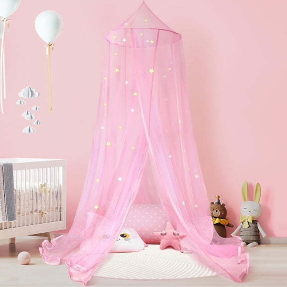 Macevia Princess Bed Canopy for Girls Room with Glowing Stars, Pink Gifts for Girls Canopy Bed Netting, Princess Castle Playhouse Tent Indoor, Kids Single Twin Full Size Net Canopy Double Sided Stars