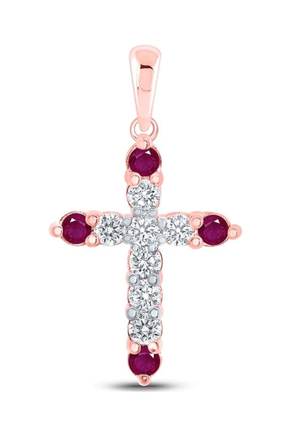 10k Rose Gold Ruby Diamond Cross Pendant 1/2 Ctw