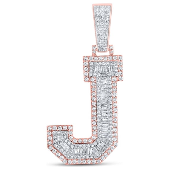 Macey Worldwide Jewelry 10k Two-tone Gold Mens Baguette Diamond J Initial Letter Charm Pendant 1-3/8 Ctw