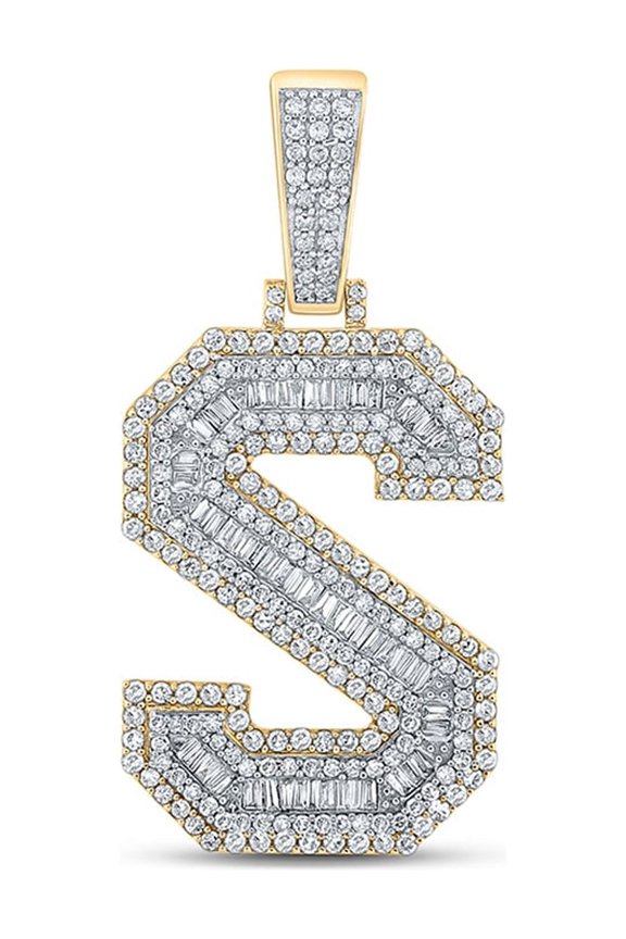 10k Two-tone Gold Mens Baguette Diamond S Letter Charm Pendant 1-3/4 Ctw