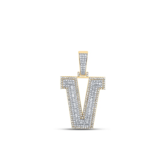 Macey Worldwide Jewelry 10k Two-tone Gold Mens Baguette Diamond V Initial Letter Charm Pendant 2 Ctw