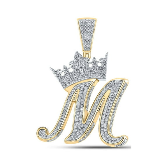 Macey Worldwide Jewelry 10k Two-tone Gold Mens Diamond Crown M Letter Charm Pendant 1-3/4 Ctw