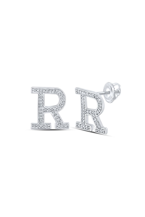 10k White Gold Diamond R Initial Letter Earrings 1/6 Ctw