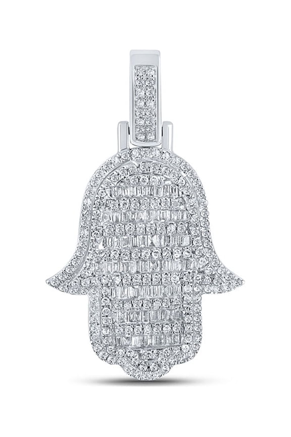 10k White Gold Mens Baguette Diamond Hamsa Charm Pendant 7/8 Ctw