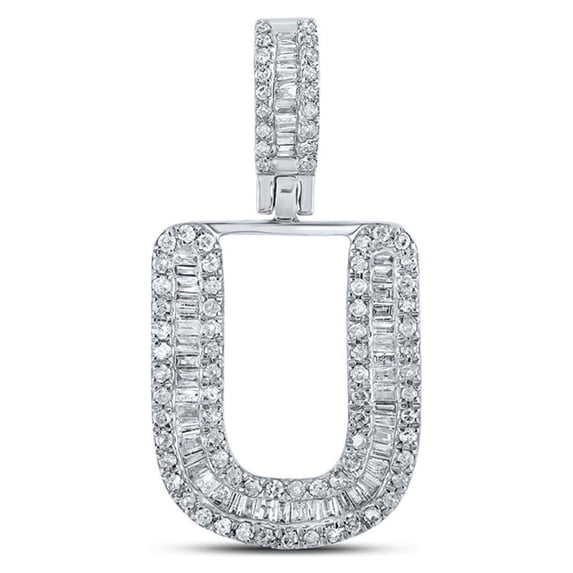 Macey Worldwide Jewelry 10k White Gold Mens Baguette Diamond U Initial Letter Pendant 3/8 Ctw