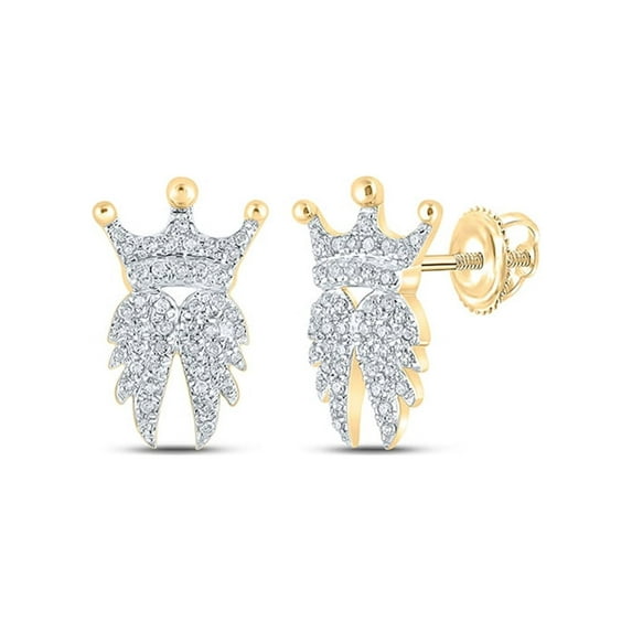 Macey Worldwide Jewelry 10k Yellow Gold Diamond Crown Wings Earrings 1/4 Ctw