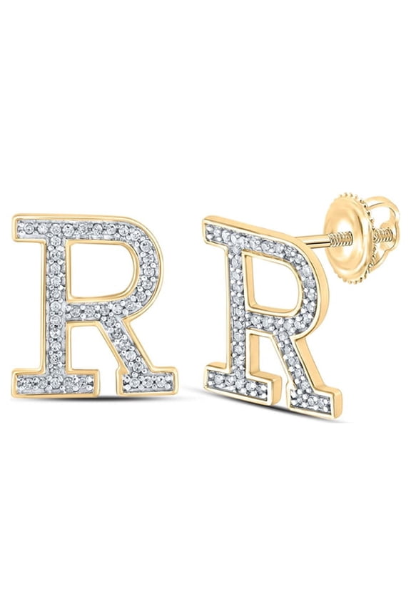 10k Yellow Gold Diamond R Initial Letter Earrings 1/6 Ctw