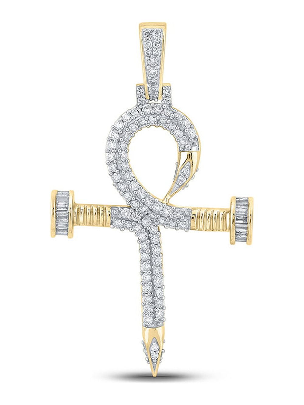 Macey Worldwide Jewelry 10k Yellow Gold Mens Baguette Diamond Ankh Nail Cross Charm Pendant 1 Ctw