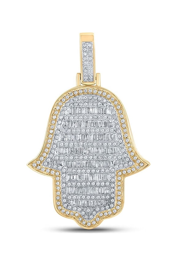 10k Yellow Gold Mens Baguette Diamond Hamsa Charm Pendant 1-5/8 Ctw