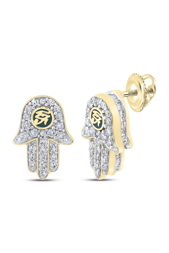 10k Yellow Gold Mens Baguette Diamond Hamsa Eye of Ra Earrings 5/8 Ctw