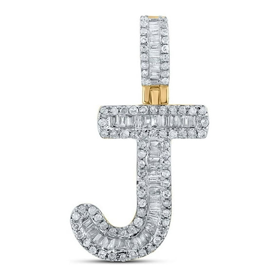 Macey Worldwide Jewelry 10k Yellow Gold Mens Baguette Diamond J Initial Letter Pendant 3/8 Ctw