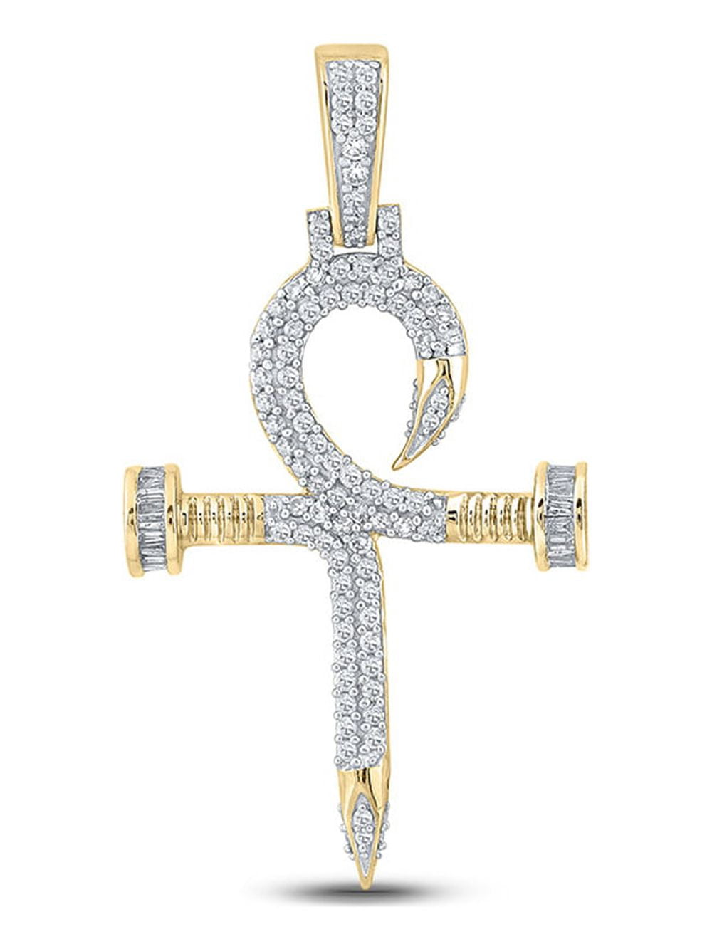 Macey Worldwide Jewelry 10k Yellow Gold Mens Baguette Diamond Nail Cross Ankh Charm Pendant 3/4 Ctw