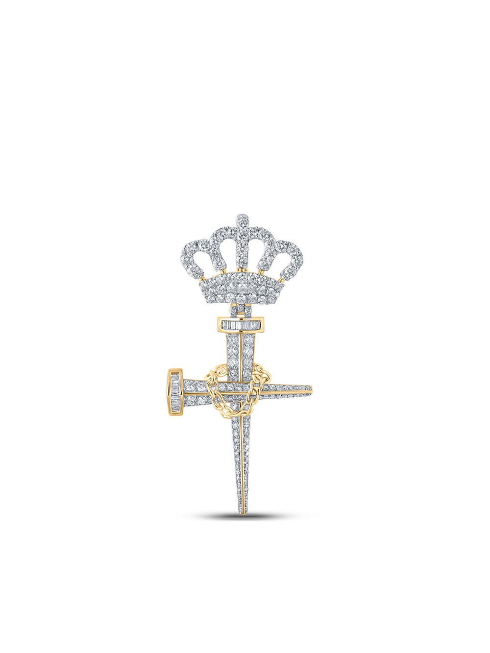 Macey Worldwide Jewelry 10k Yellow Gold Mens Baguette Diamond Nail Cross Crown Charm Pendant 3 Ctw