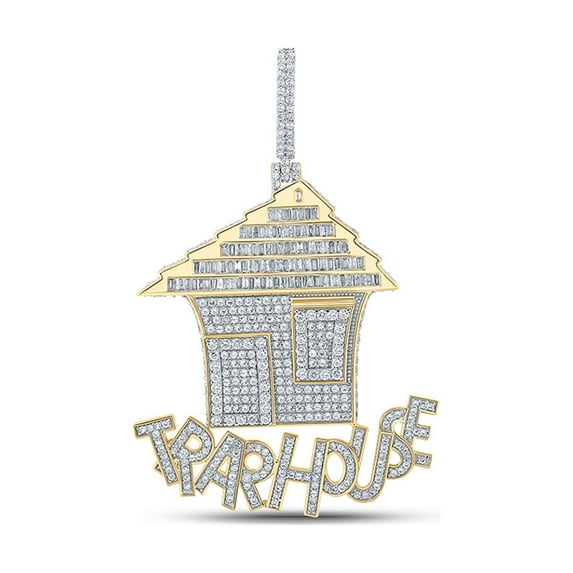 Macey Worldwide Jewelry 10k Yellow Gold Mens Baguette Diamond Trap House Charm Pendant 4-3/8 Ctw