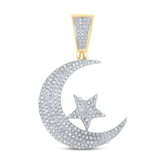 Macey Worldwide Jewelry 10k Yellow Gold Mens Diamond Crescent Moon Star Charm Pendant 5/8 Ctw