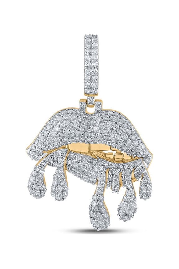 10k Yellow Gold Mens Diamond Dripping Lips Charm Pendant 3-1/5 Ctw