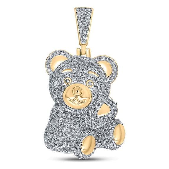 Macey Worldwide Jewelry 10k Yellow Gold Mens Diamond Teddy Bear Charm Pendant 3-5/8 Ctw