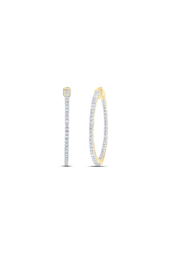 14k Yellow Gold Diamond Slender In Out Hoop Earrings 2 Ctw
