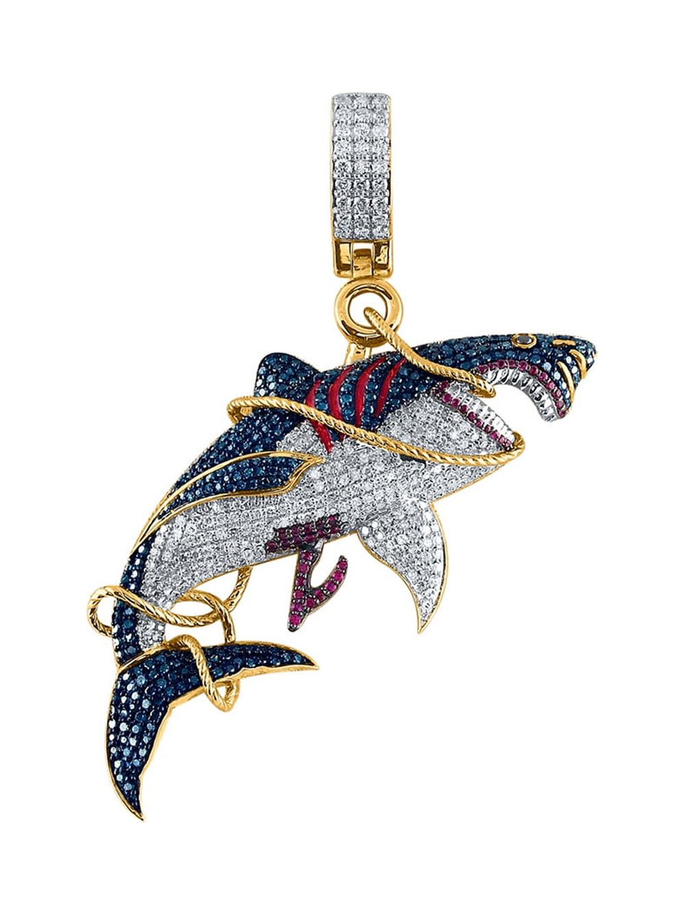 Macey Worldwide Jewelry 14k Yellow Gold Mens Ruby Diamond Shark Charm Pendant 3-1/2 Ctw