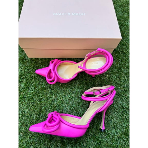 Mach & Mach Double Bow Hot Pink Fuchsia Leather Pointed Toe Ankle Strap Sandals Heels Shoes