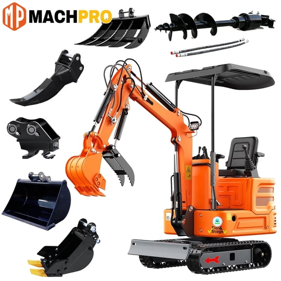 MachPro 1.2Ton Mini Excavator,13.5HP B&S EPA Gas Engine, with Multiple Attachments,Ripper, 200mm bucket, hydraulic thumb clamp, 300 bucket, quick change, rake, 500mm mud bucket for Yard Farm