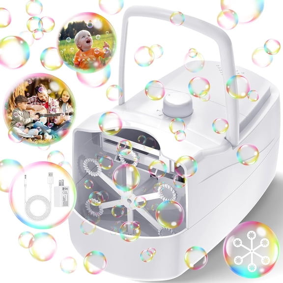Machine, Automatic 18000+ Per Minute Big Bubbles Blower Maker for with 2 Speeds,6 Wands,Operated by Plugin or for Outdoor/Indoor Birthday Parties,Wedding (White)