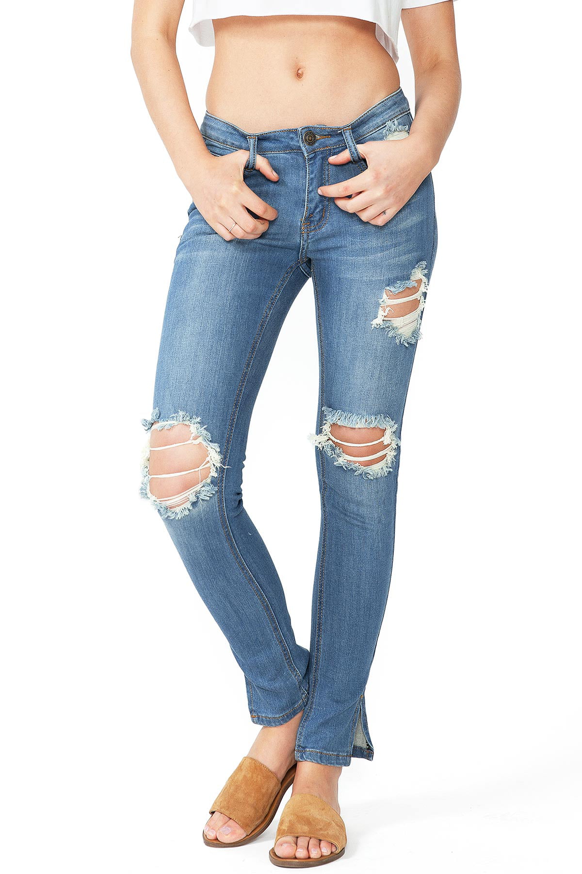 Machine Jeans Juniors Mid Waist Distressed Ankle Slit Jeans (1, Denim)