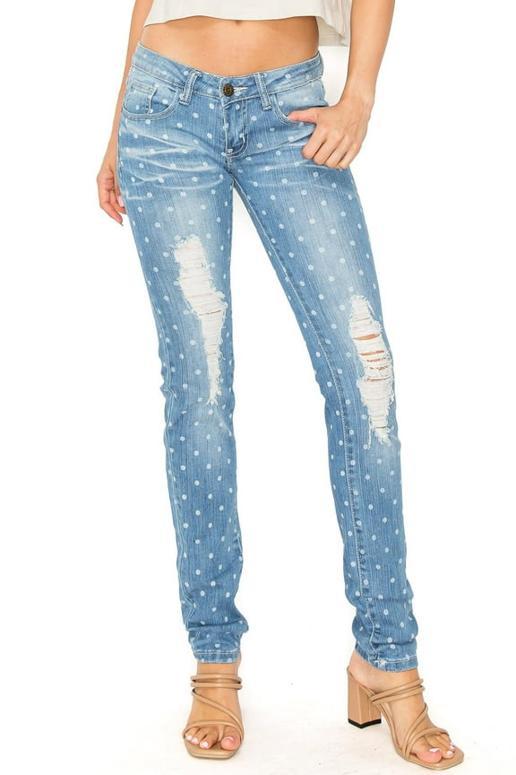 Juniors Y2K Low-Rise Polkadot Skinny Jeans (1, Polkadot Denim)