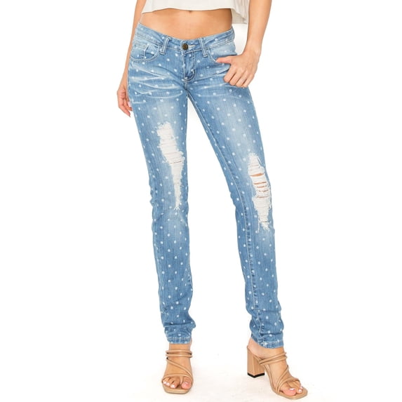 Machine Jeans Juniors Y2K Low-Rise Polkadot Skinny Jeans (11, Polkadot Denim)