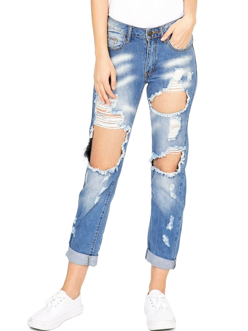 Machine Jeans Women's Juniors Heavy Distressed Straight Leg Jeans