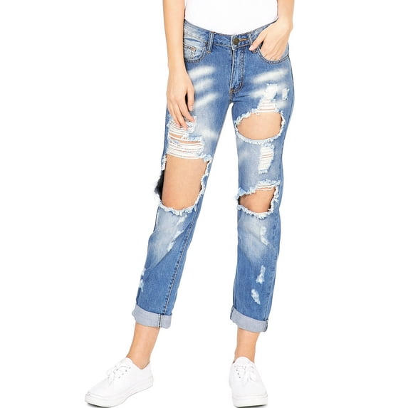 Machine Jeans Women's Juniors Heavy Distressed Straight Leg Jeans (Denim, 9)