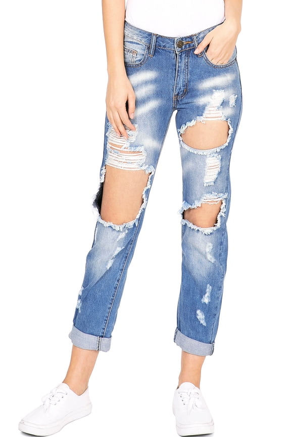 Women's Juniors Heavy Distressed Straight Leg Jeans (Light Denim, 1)