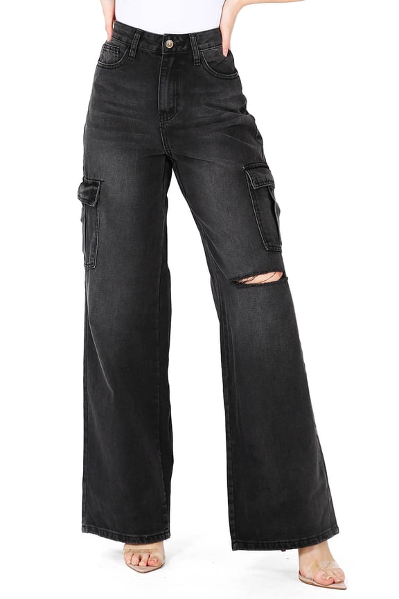 Women's Juniors High Waist Cargo Wide-Leg Flares (3, Black)