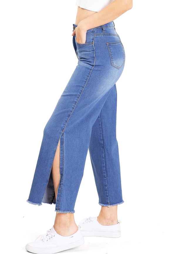 Women's Juniors High Waist Crop Denim Side Slits Jeans (1, Denim)