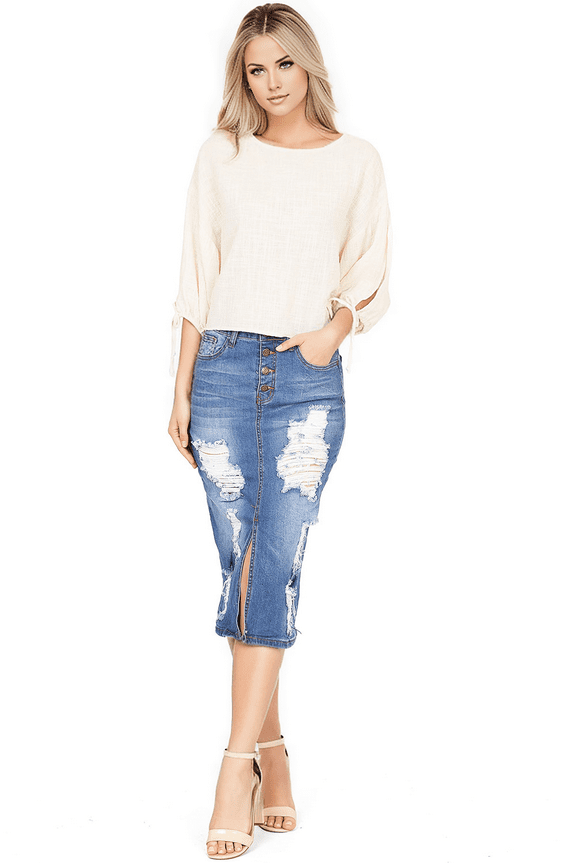 Women's Juniors High Waist Midi Denim Pencil Skirt (Small, Medium)