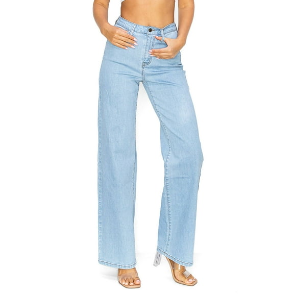 Machine Jeans Women's Juniors High Waist Wide-Leg Jeans (5, Light Denim)