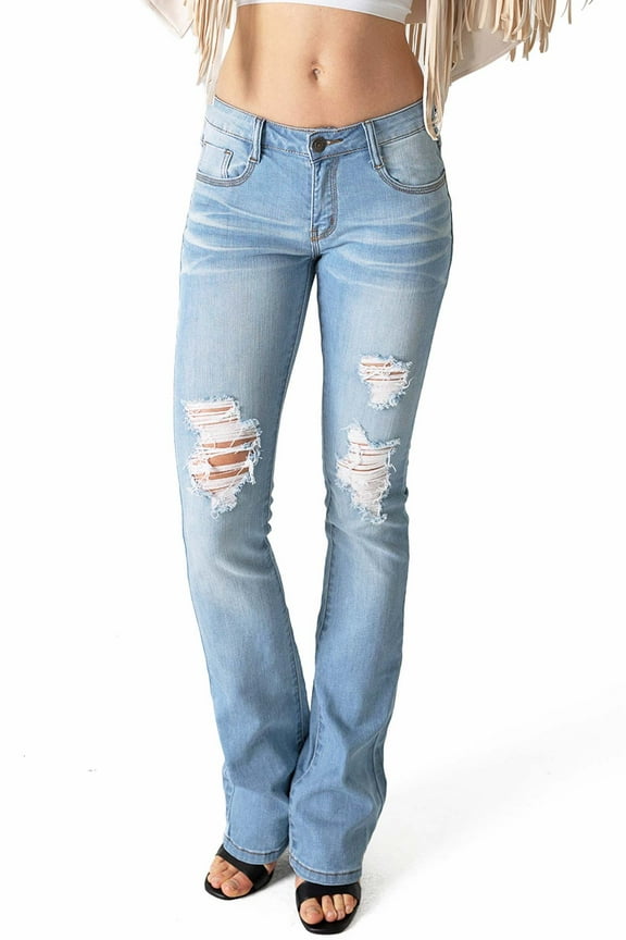 Women's Juniors Mid Waist Distressed Bootcut Jeans (13, Light Denim)
