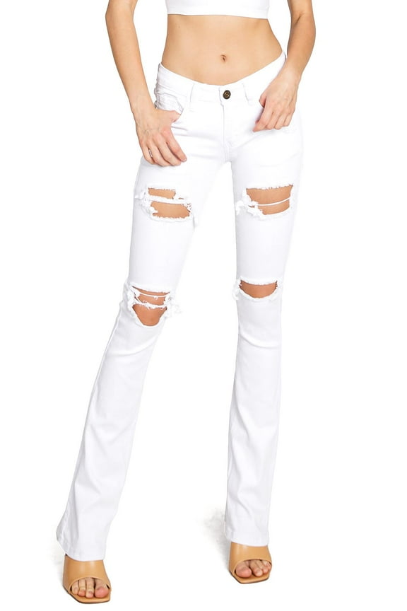 Women's Juniors Mid Waist Distressed Bootcut Jeans (13, White)