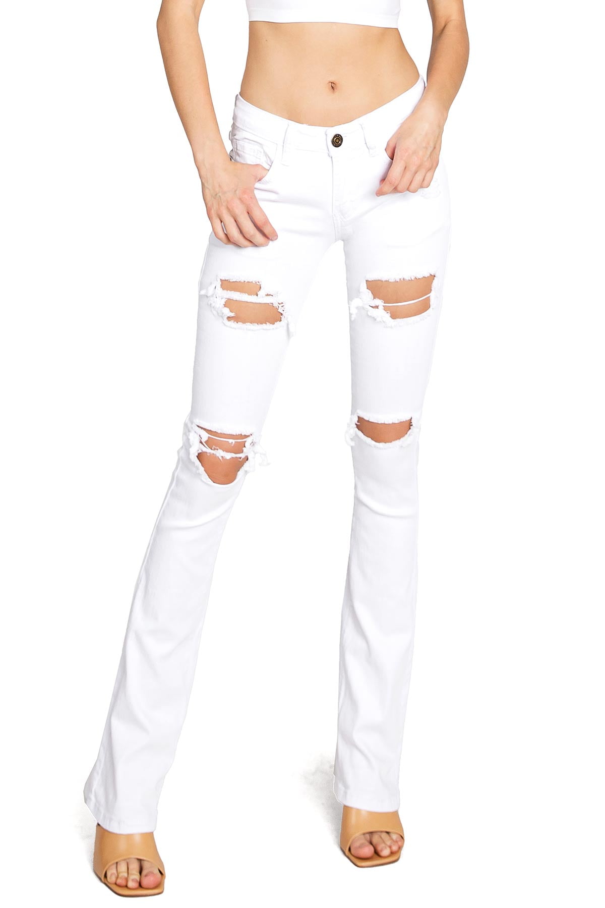 Machine Jeans Women's Juniors Mid Waist Distressed Bootcut Jeans (3, White)  