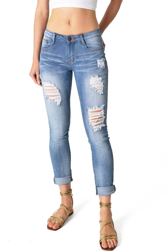 Women's Juniors Mid Waist Distressed Denim Crop Skinnys (Medium Denim, 1)