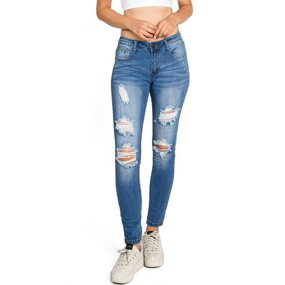 Machine Jeans Women's Juniors Mid Waist Distressed Skinny Jeans (Blue Denim, 1)