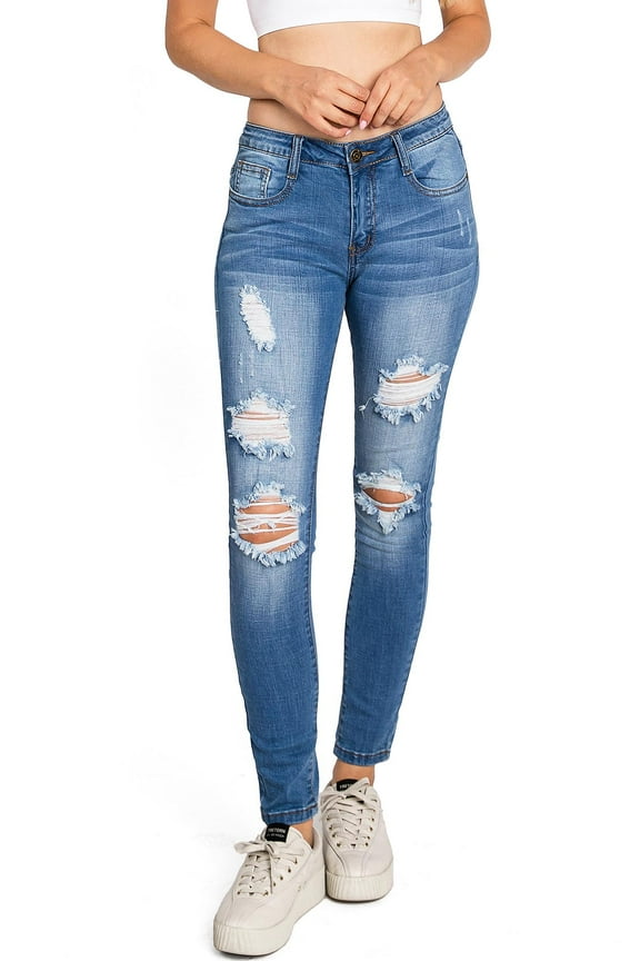 Women's Juniors Mid Waist Distressed Skinny Jeans (Blue Denim, 1)