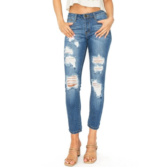 Machine Jeans Women's Juniors Mid Waist Distressed Skinny Jeans (Med Denim, 1)